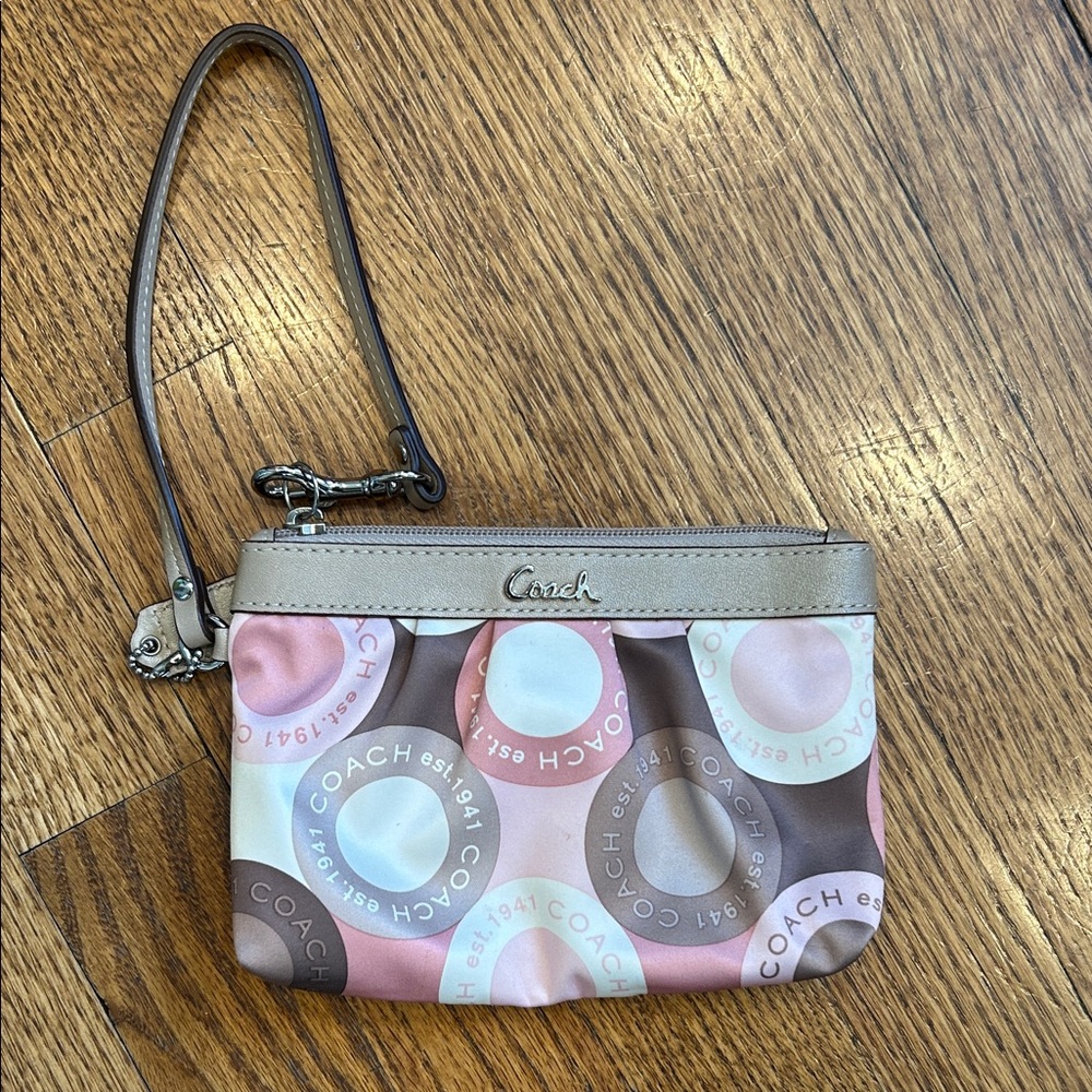 Coach Signature Y2K-Era Madison Multicolor Satin w/ Tan Leather Trim Wristlet